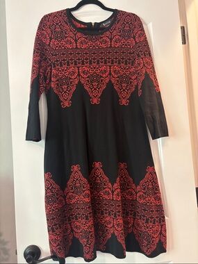 Black Long-Sleeve Dress with Red Ornate Pattern
